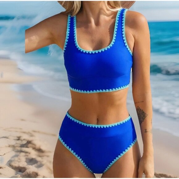 Cupshe Blue Two-Piece Swimsuit Small Scoop Neck Tank Bikini High Waist Trim - Picture 1 of 9